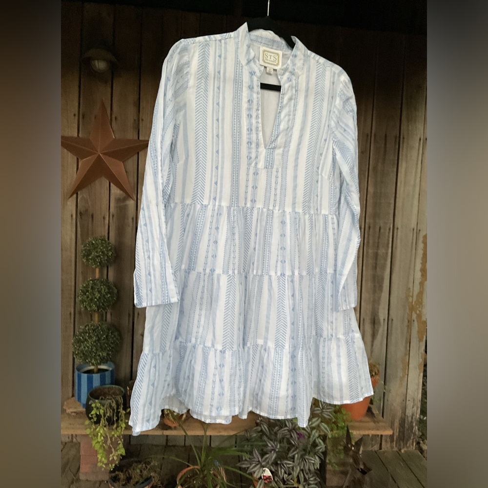 STS Sail to Sable Blue White Striped Geometric Tiered Cotton Dress Size M